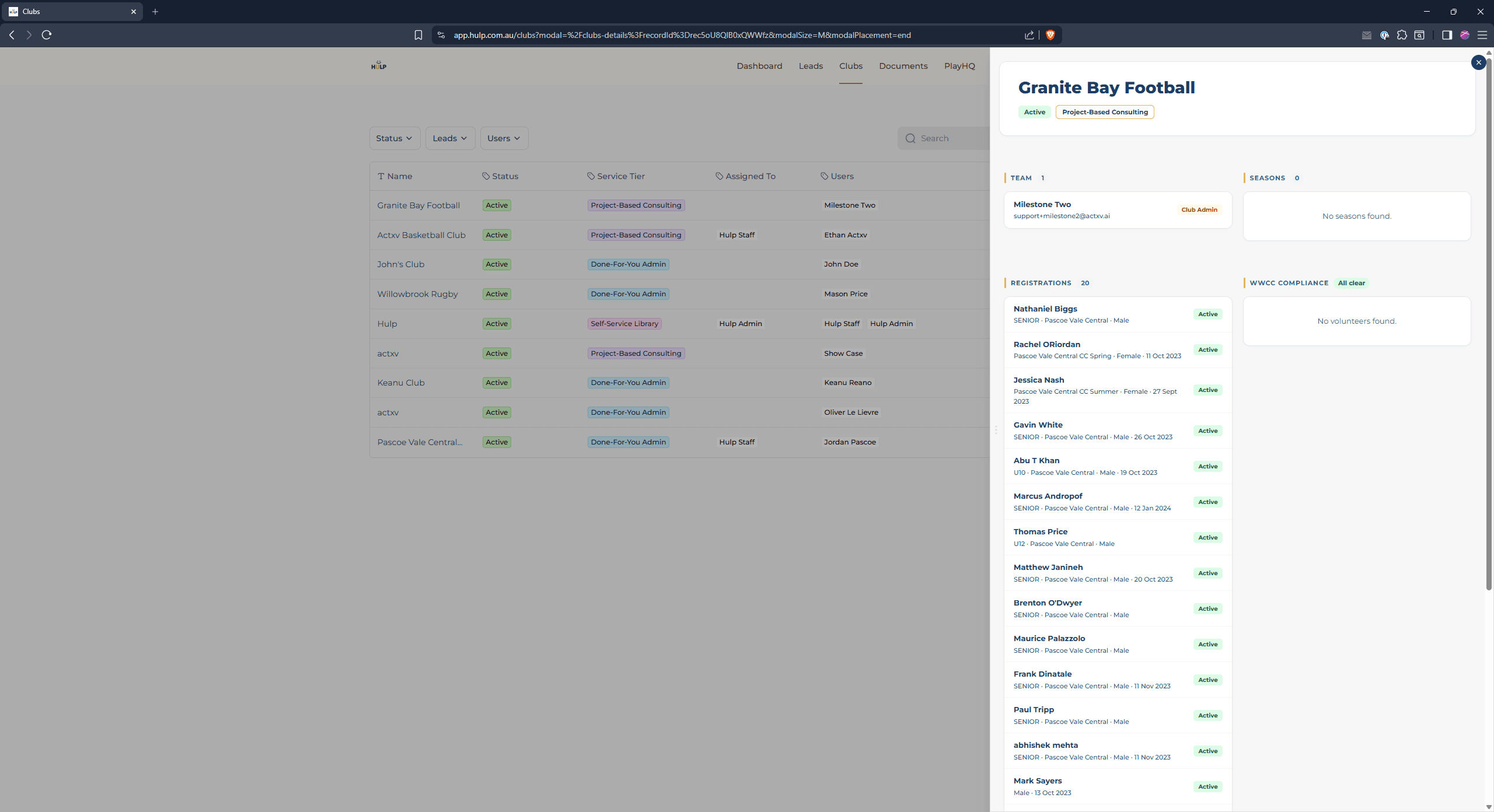 Hulp — Clubs management (demo data)