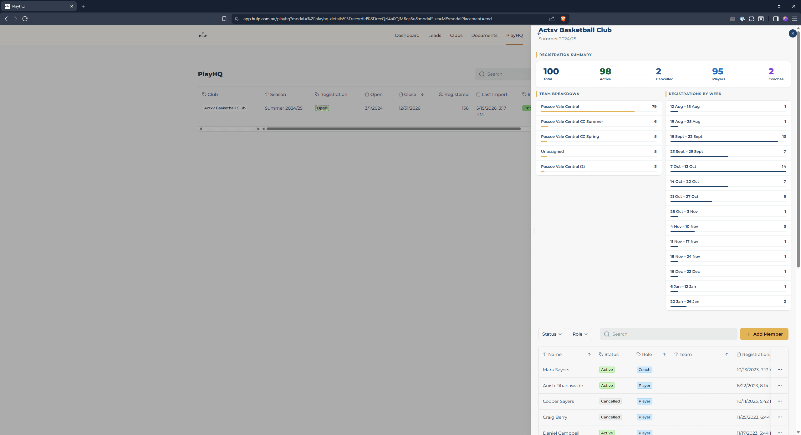 Hulp — PlayHQ registrations (demo data)
