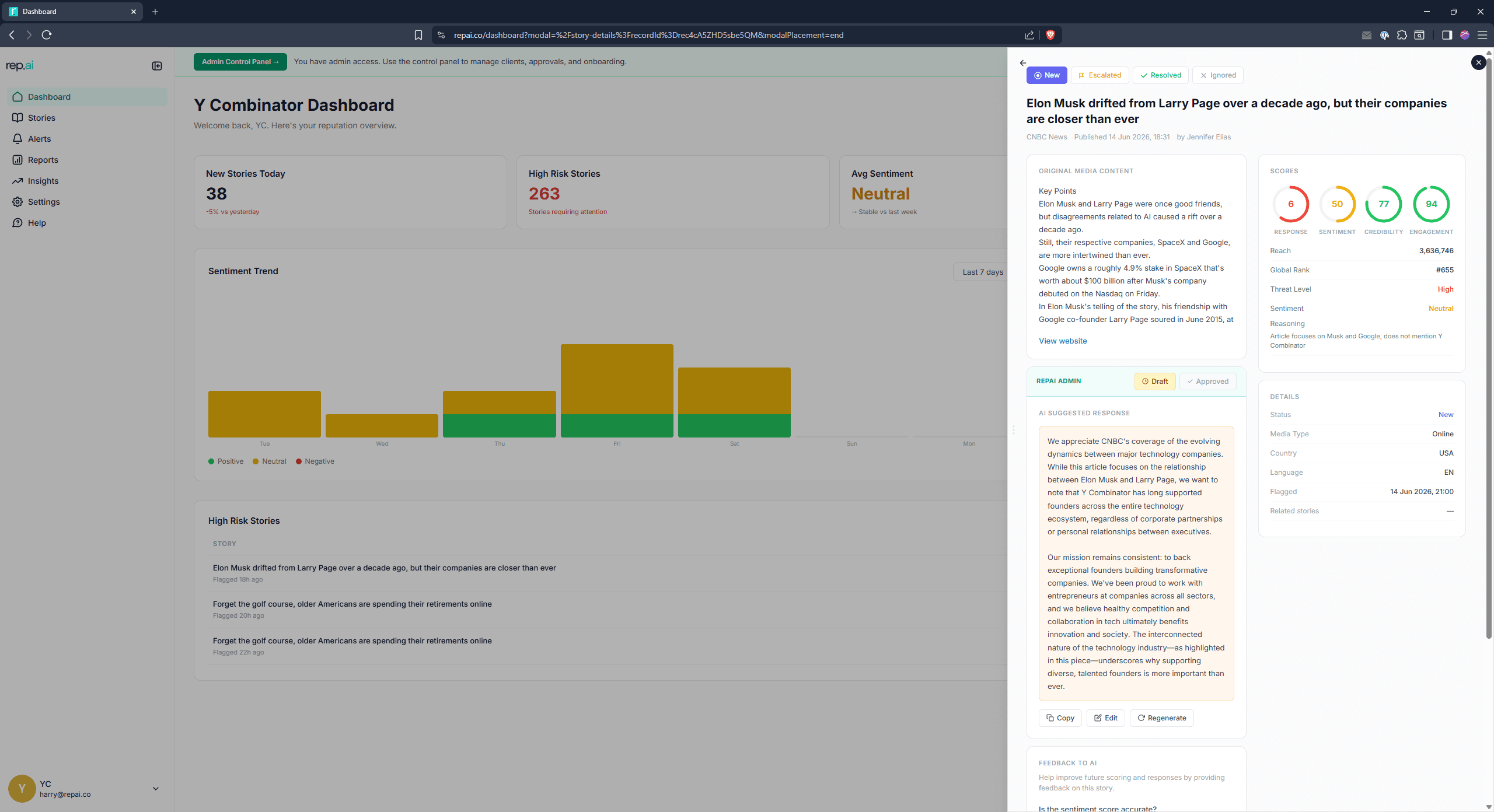 RepAI — AI-drafted response recommendation (demo data)