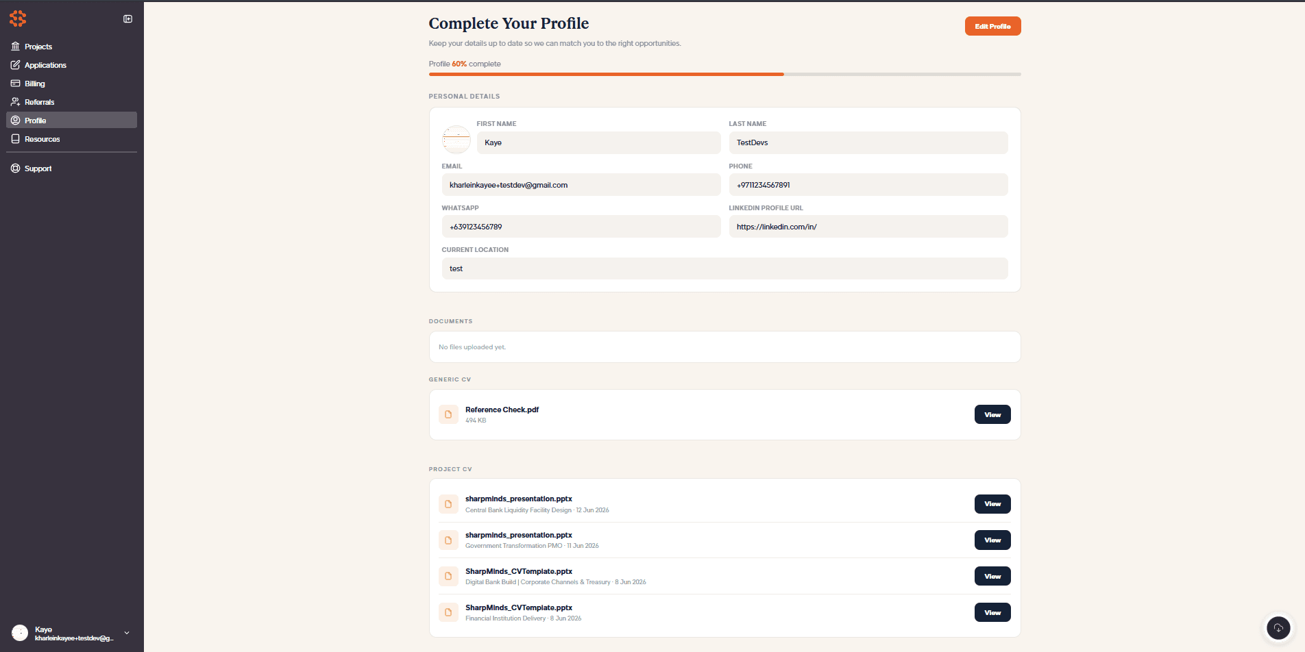 Sharp Minds — Profile & AI-generated CV (demo data)